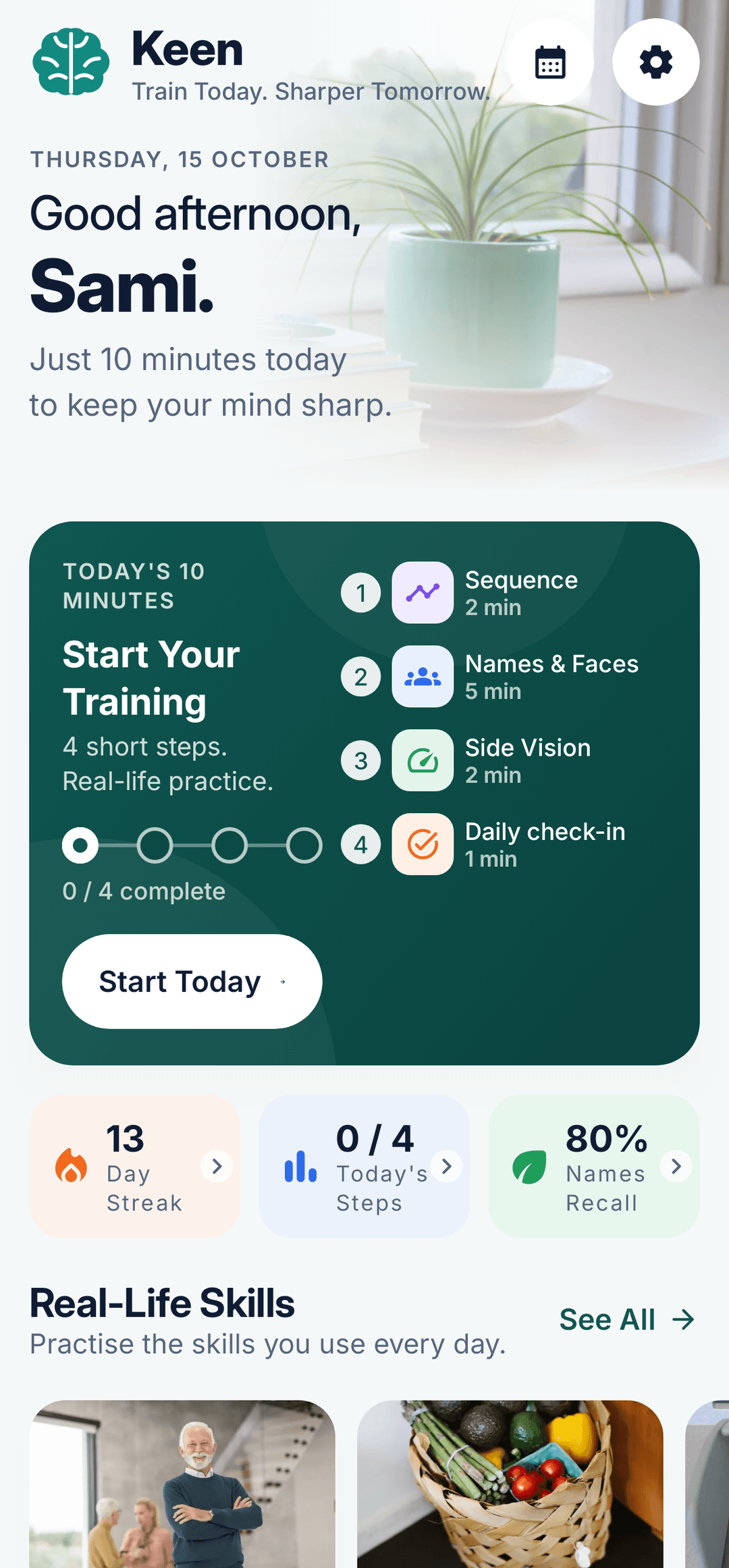 Keen home screen with today's ten minutes of training in four short steps