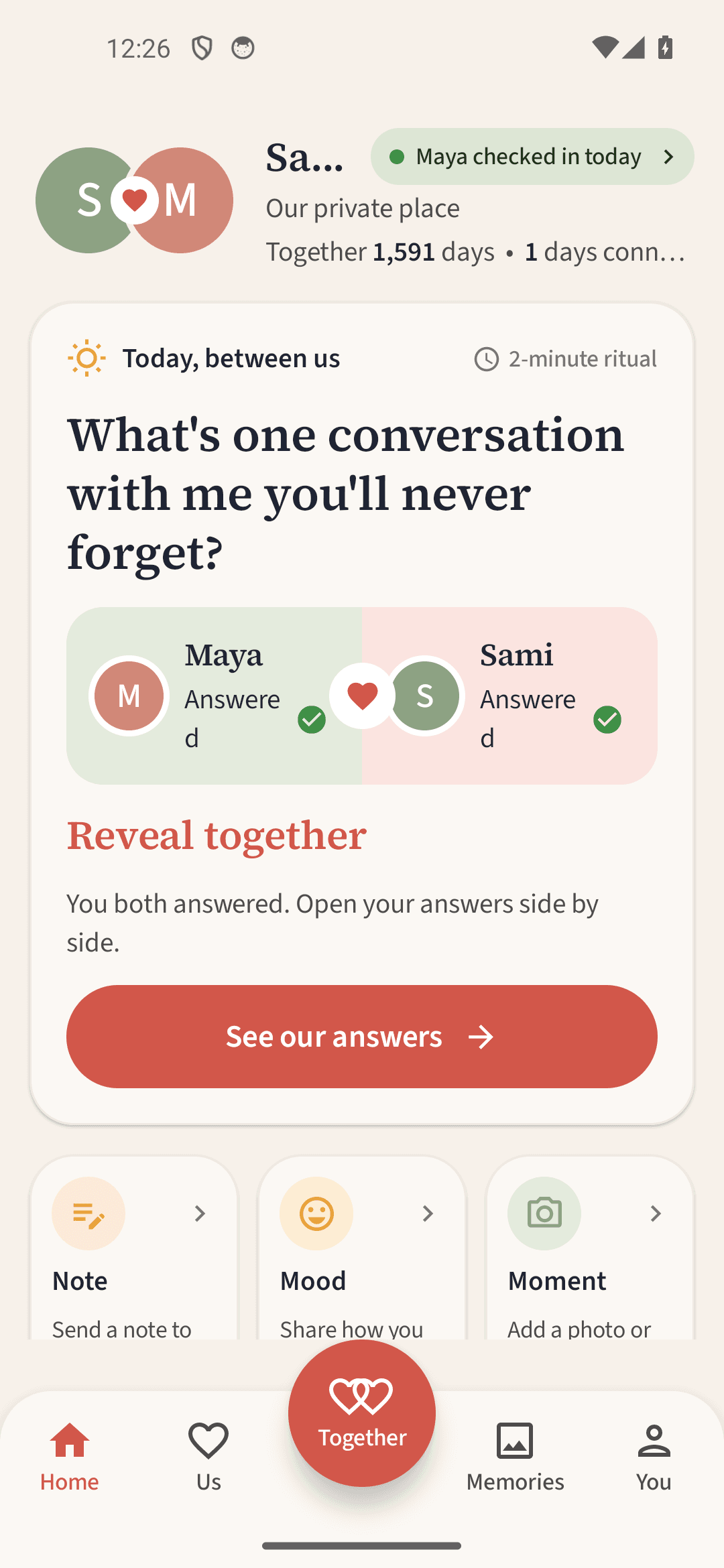 Vowday home screen for a sample couple, both answered and ready to reveal
